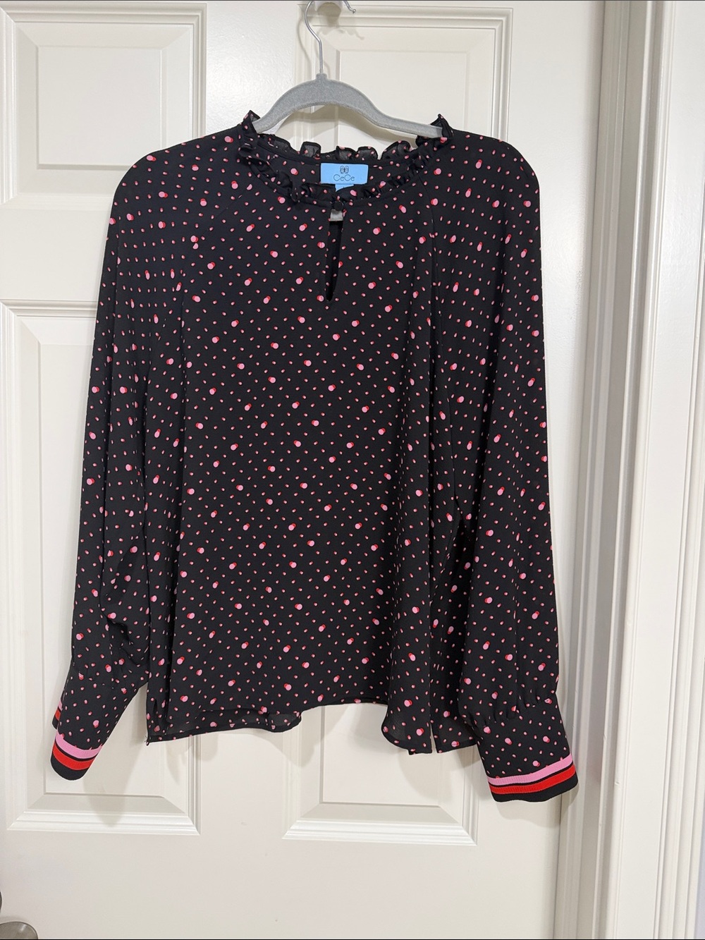 Cecilie Copenhagen Black Blouse with Pink Dot Print and Stripe Cuffs